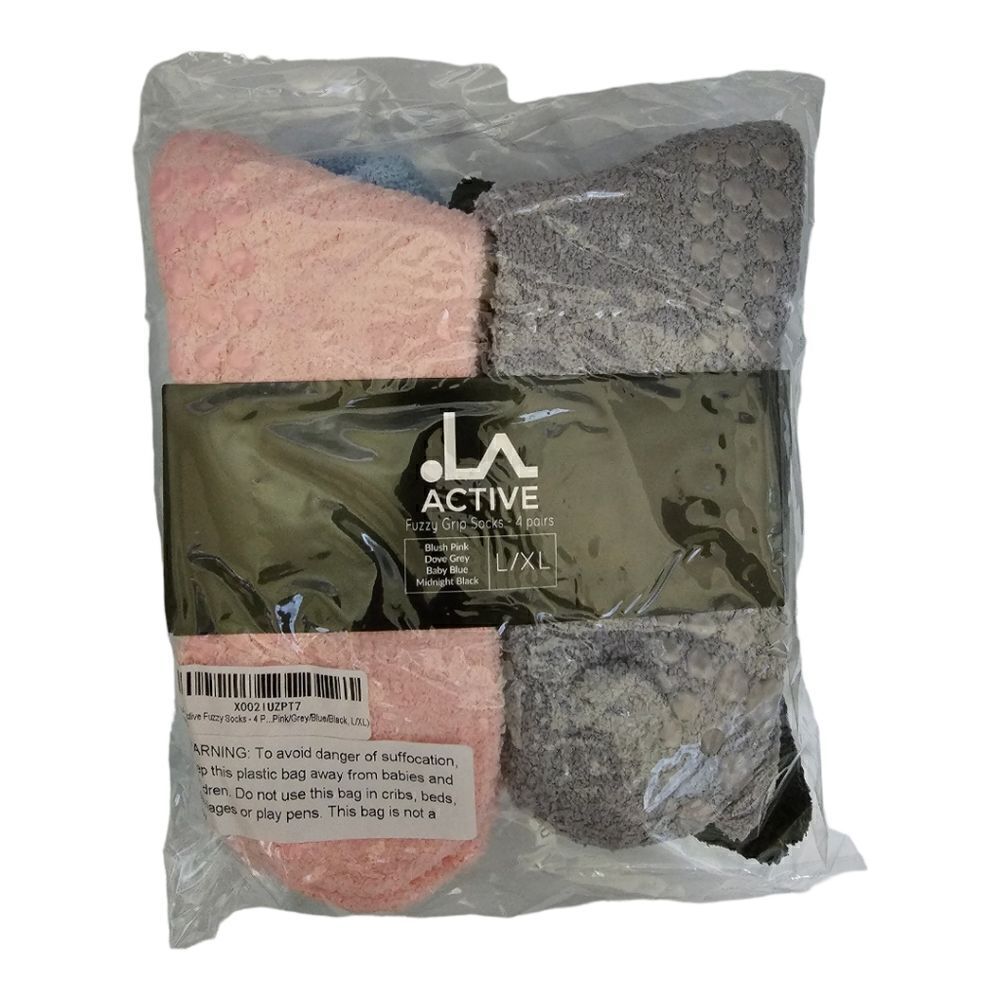 LA ACTIVE Fuzzy Grip Socks - 4 Pairs‎ (Black, Gray, Pink, Powder Blue)